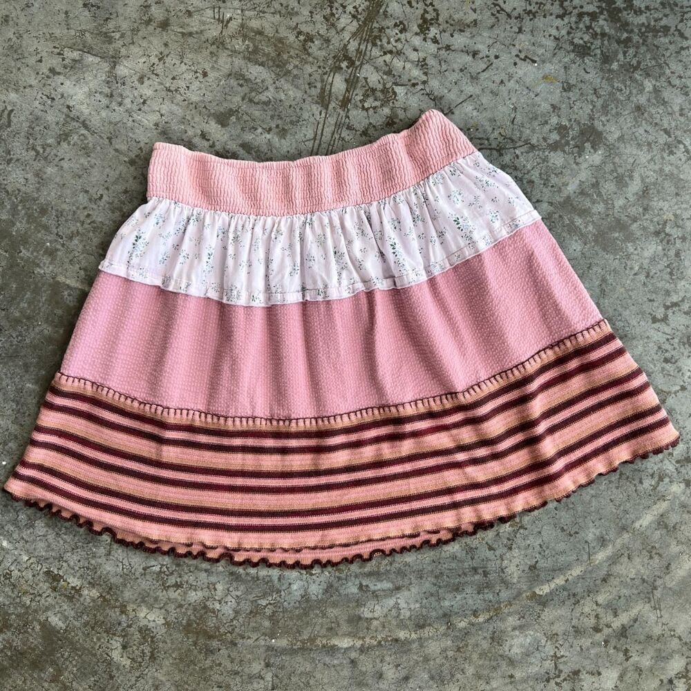 Petticoat Alley Pink Tiered Floral Striped Mini Skirt Size L Cottagecore Boho